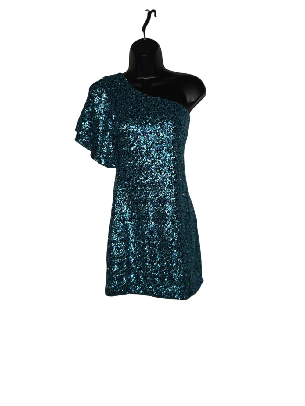 As U Wish Teal One-Shoulder Sequin Mini with Flutter Sleeve
